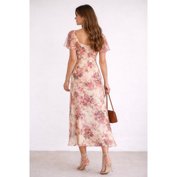 ASOS V Neck Lace Chiffon Floral Midi Tea Dress Womens Size 4 New Cream Pink - Picture 4 of 14